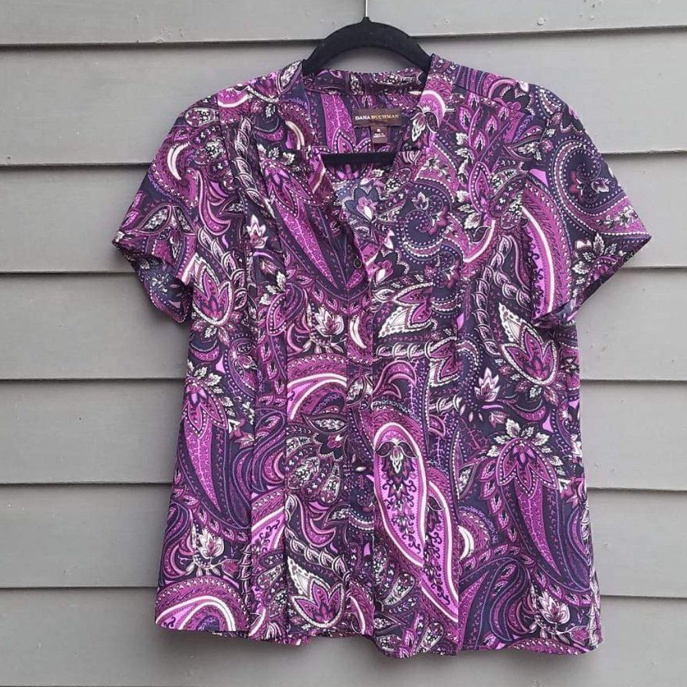 Dana Buchman Poly Purple/Black Paisley Button Bouse size Med
